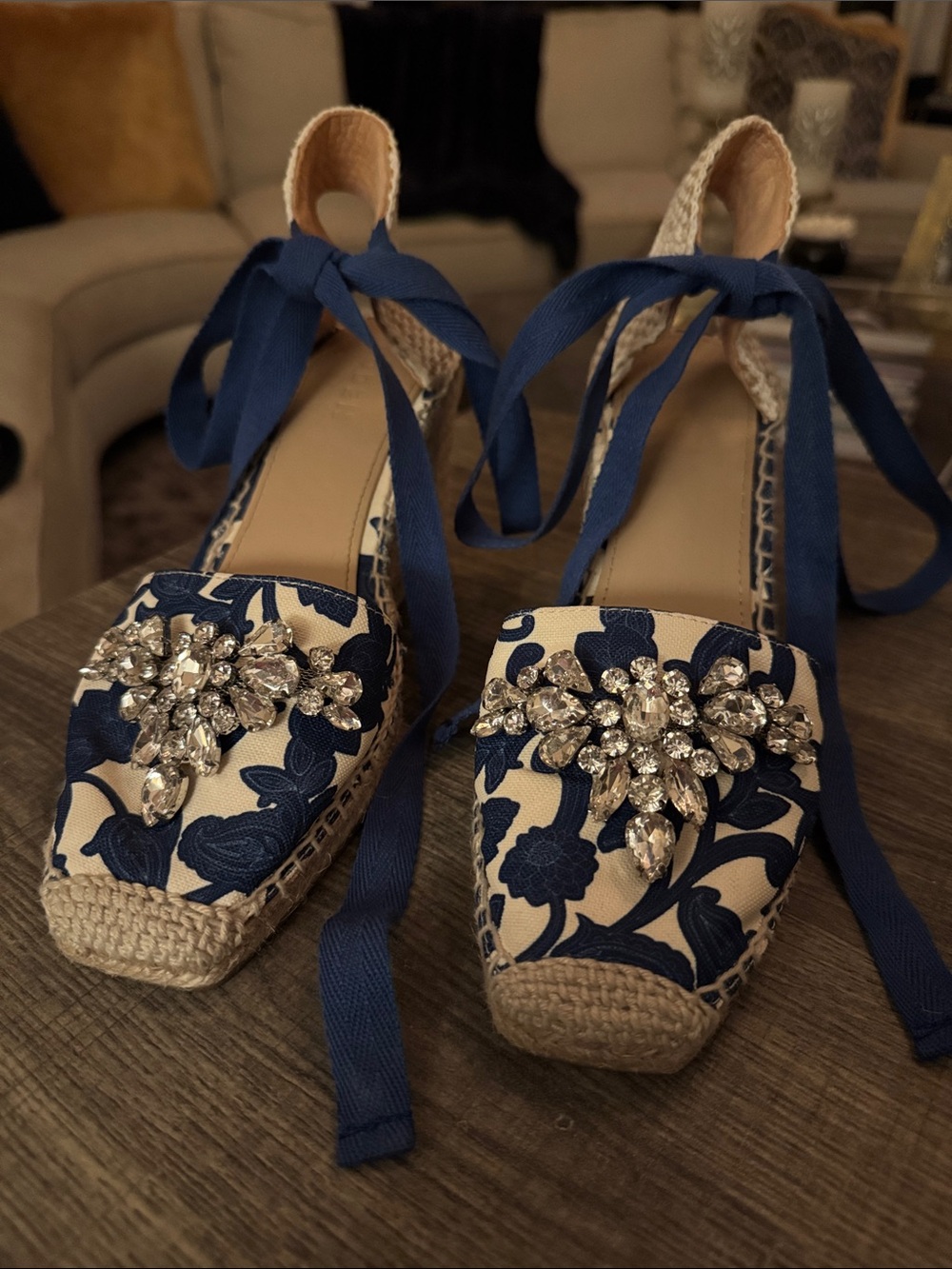 Boden Navy & White Floral Espadrille Wedges with Crystal Embellishment